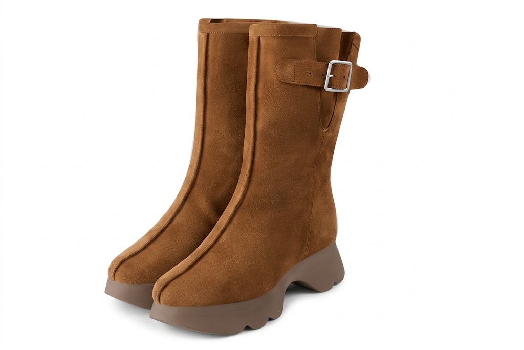 Women's cognac inside-zip ankle boots with round toe and chunky rubber sculpted sole - Front view